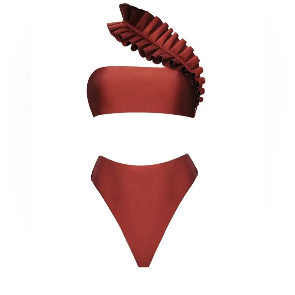 NWT Andrea lyamah 2 Piece LIVA Bikini in Chocolate Size Medium asymmetric ruffle